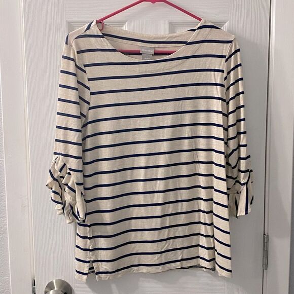 Chicos Beige Striped Ruffle Elbow-Sleeve Top Round Neck Rayon Blend 1 medium - Picture 1 of 12